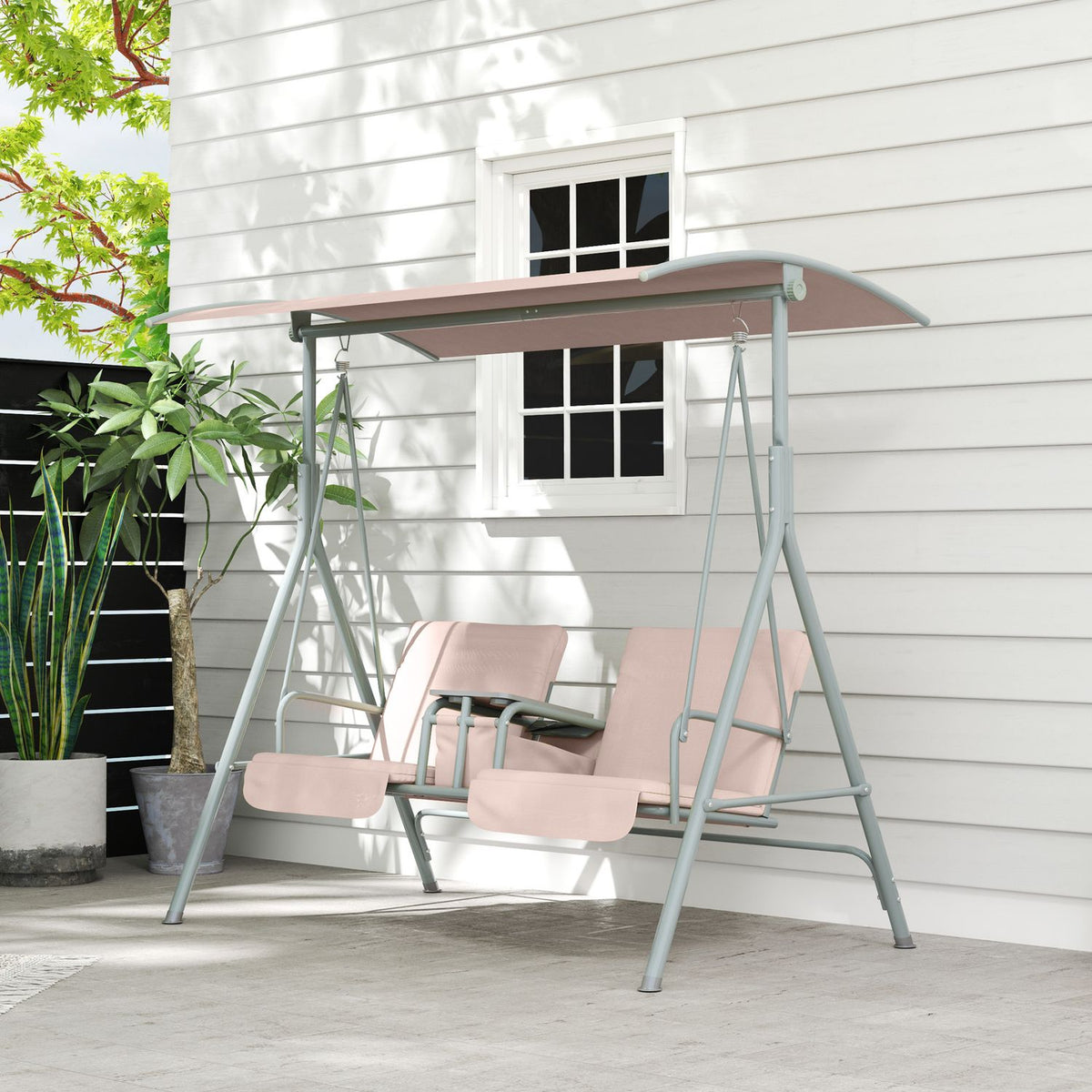 Hollywood swing with cup holder and side pocket, 2-seater garden swing with sun canopy, swing bench loads up to 180 kg, garden lounger for garden, terrace, 175 x 112 x 165 cm, beige