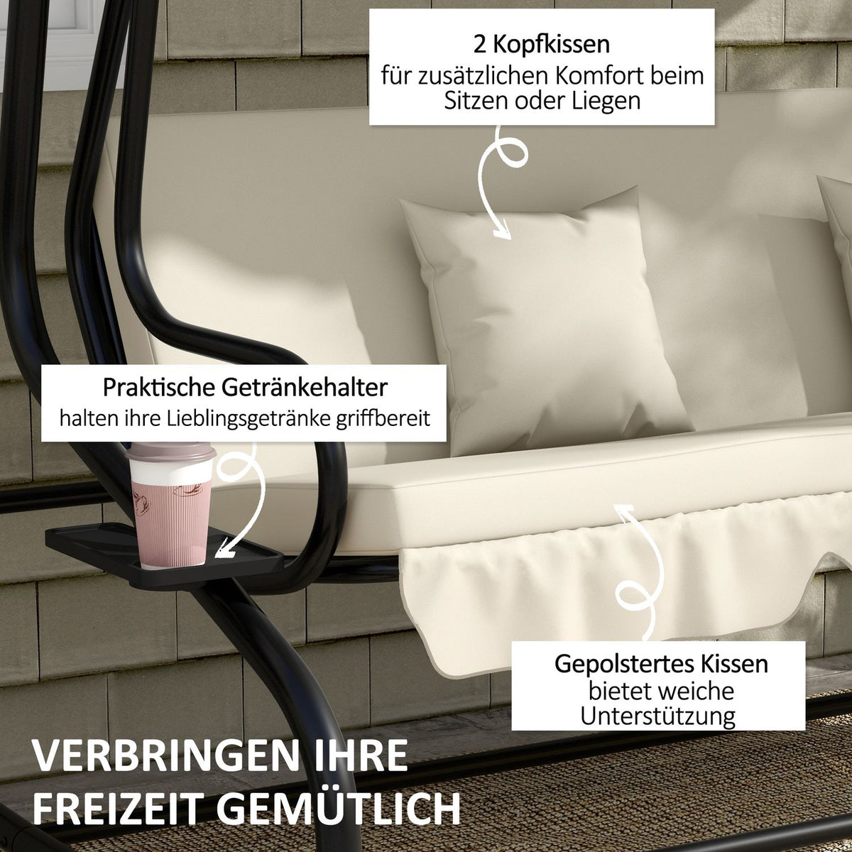 Hollywood swing with reclining function, 3-seater garden swing with adjustable roof, side table, water-repellent swing bench can hold up to 340kg, for garden, 200x120x164cm, cream white
