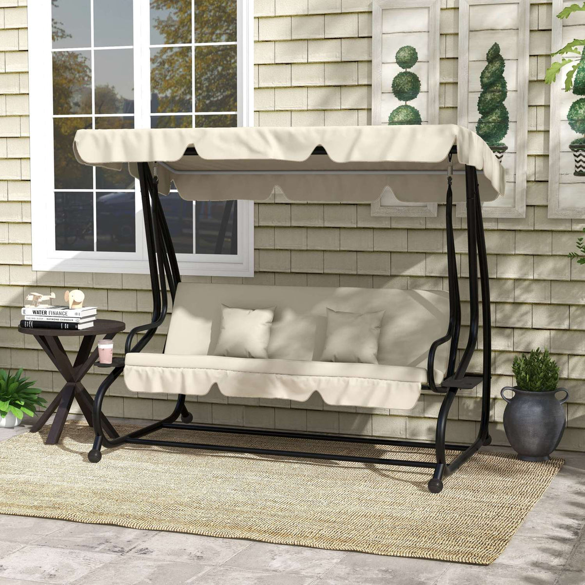 Hollywood swing with reclining function, 3-seater garden swing with adjustable roof, side table, water-repellent swing bench can hold up to 340kg, for garden, 200x120x164cm, cream white