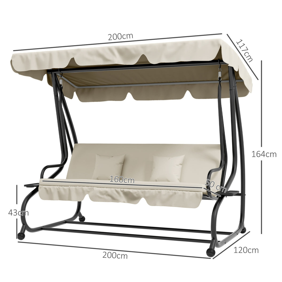 Hollywood swing with reclining function, 3-seater garden swing with adjustable roof, side table, water-repellent swing bench can hold up to 340kg, for garden, 200x120x164cm, cream white