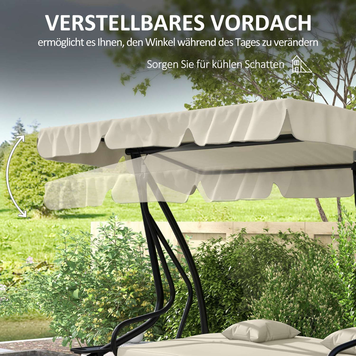Hollywood swing with reclining function, 3-seater garden swing with adjustable roof, side table, water-repellent swing bench can hold up to 340kg, for garden, 200x120x164cm, cream white