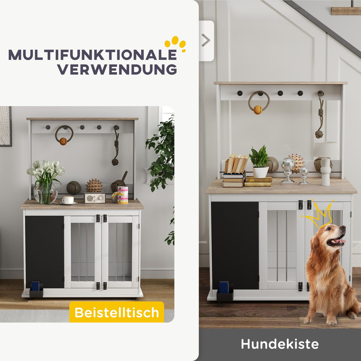 Home Dog Cage Dog Crate with 3 Doors Toy Storage Rack Dog House with Hooks Writing Board Eraser for Large Dogs White