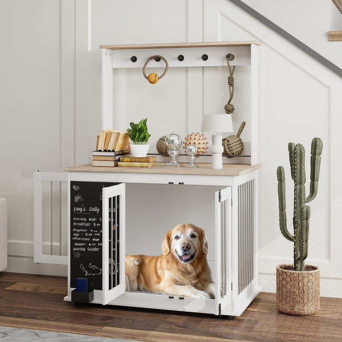 Home Dog Cage Dog Crate with 3 Doors Toy Storage Rack Dog House with Hooks Writing Board Eraser for Large Dogs White