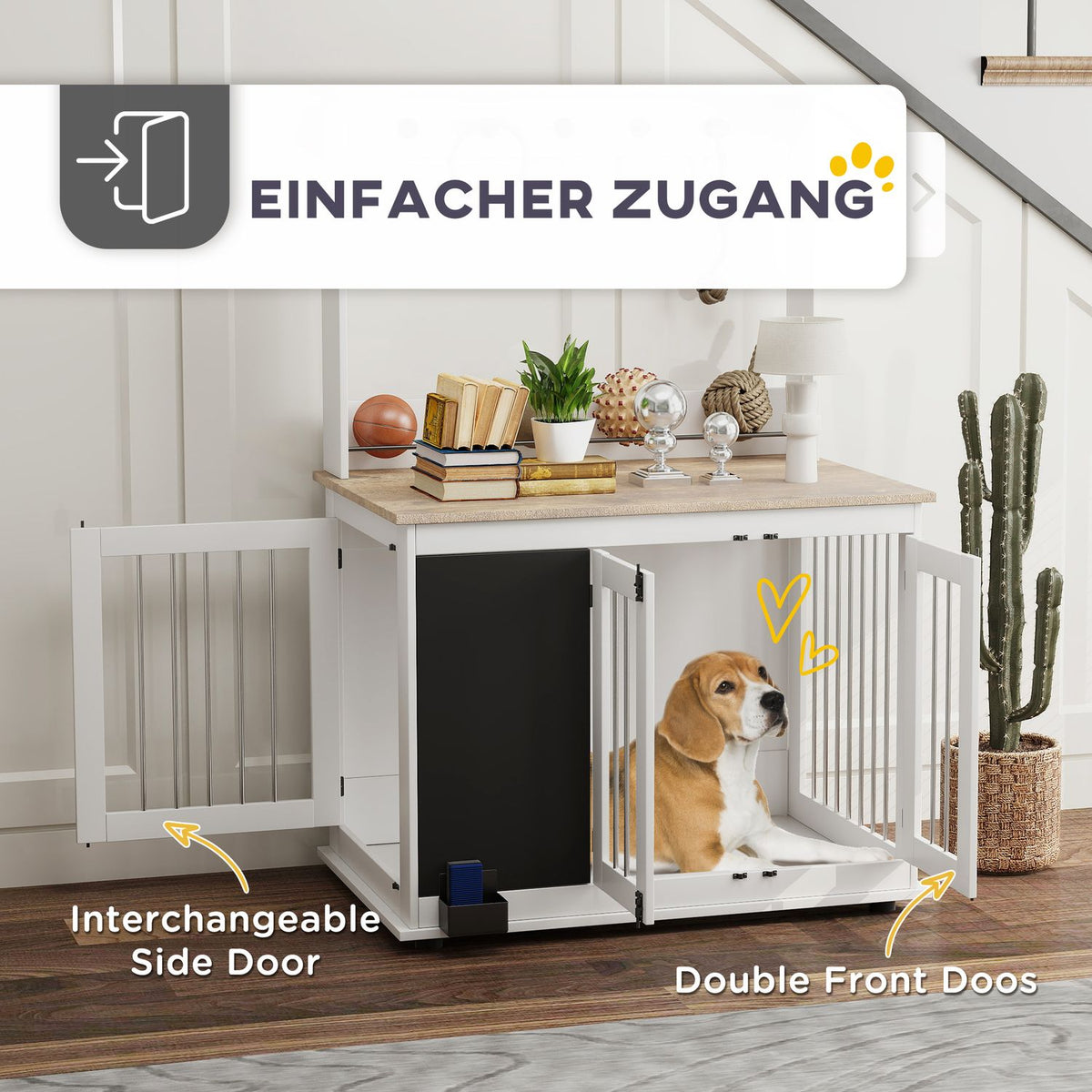 Home Dog Cage Dog Crate with 3 Doors Toy Storage Rack Dog House with Hooks Writing Board Eraser for Large Dogs White