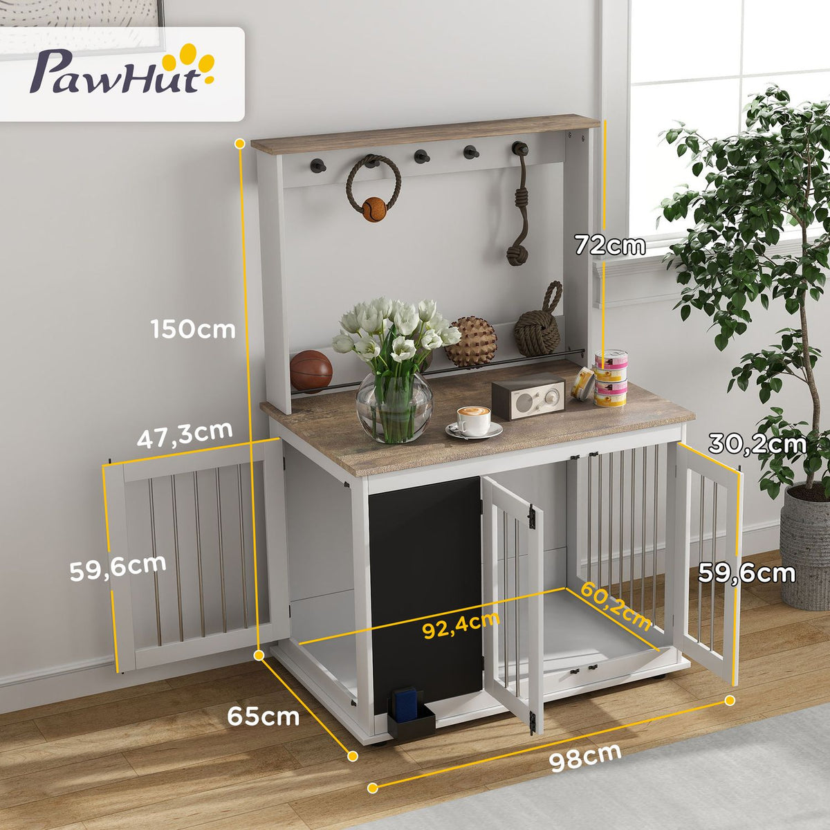Home Dog Cage Dog Crate with 3 Doors Toy Storage Rack Dog House with Hooks Writing Board Eraser for Large Dogs White