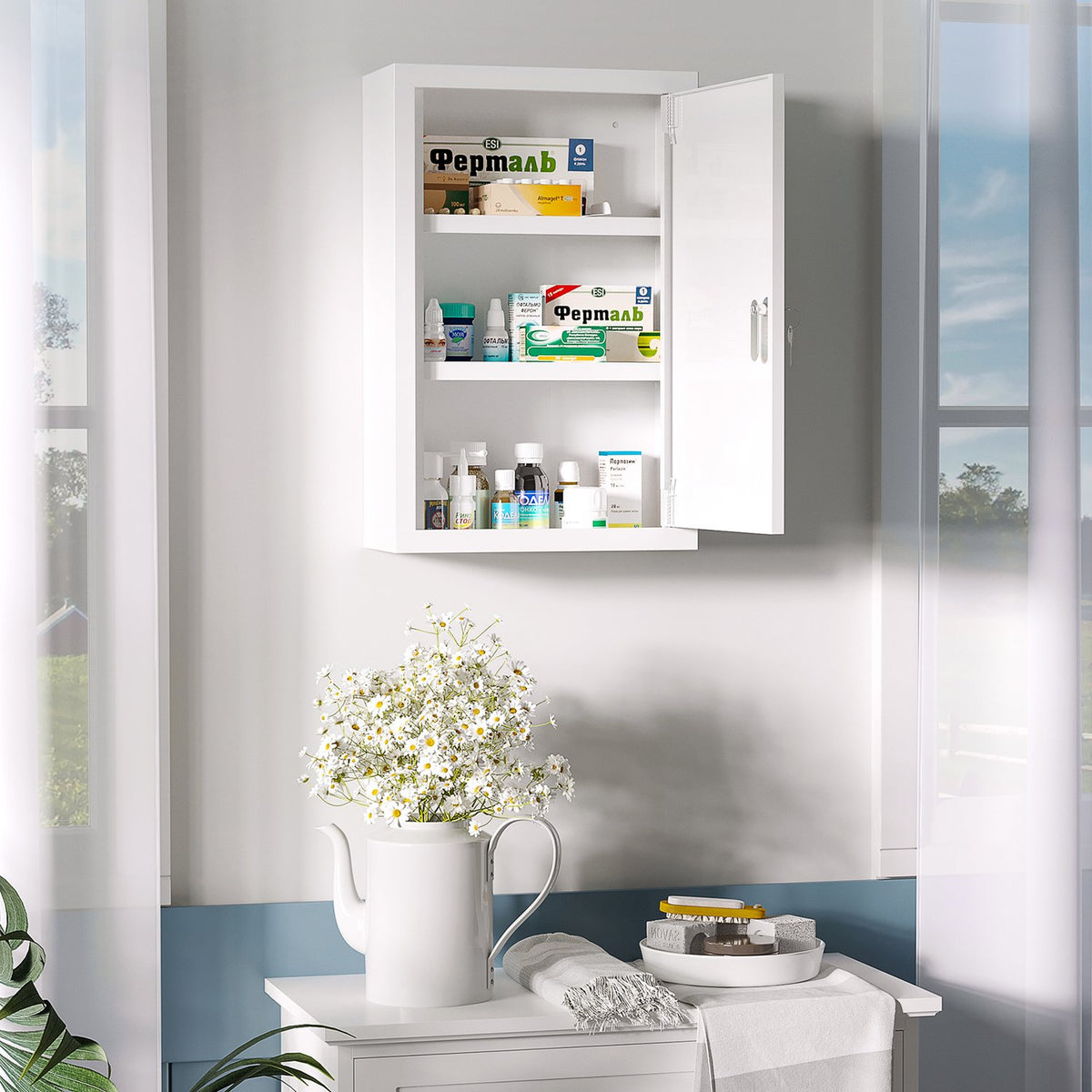 Home Medicine Cabinet with 3 Compartments 30 x 14 x 46 cm Lockable Child Safe with Keys Cold Rolled Steel White
