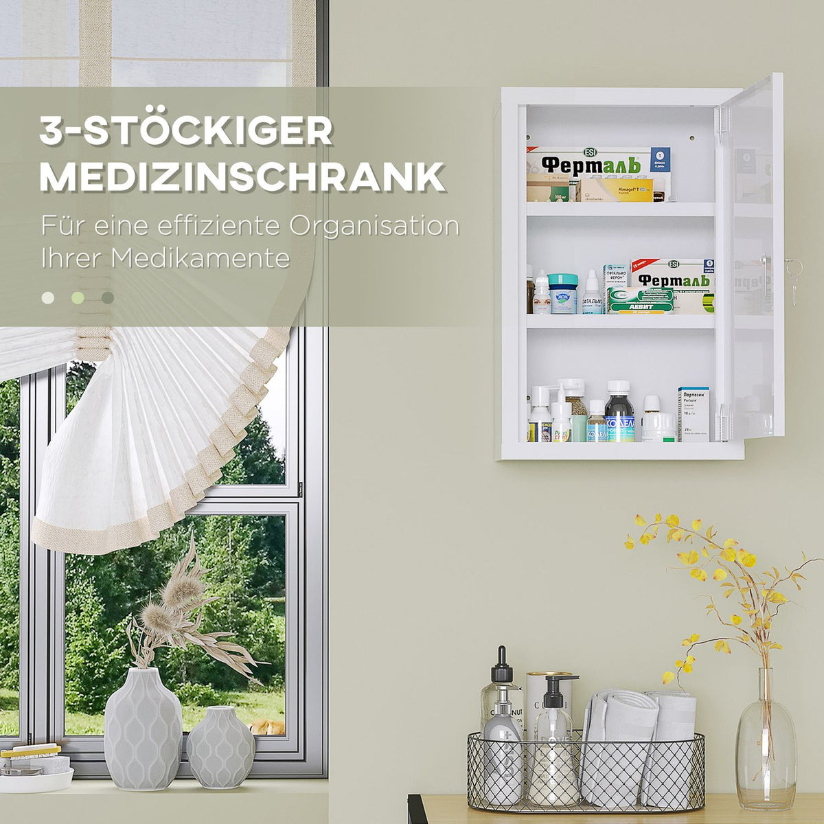 Home Medicine Cabinet with 3 Compartments 30 x 14 x 46 cm Lockable Child Safe with Keys Cold Rolled Steel White
