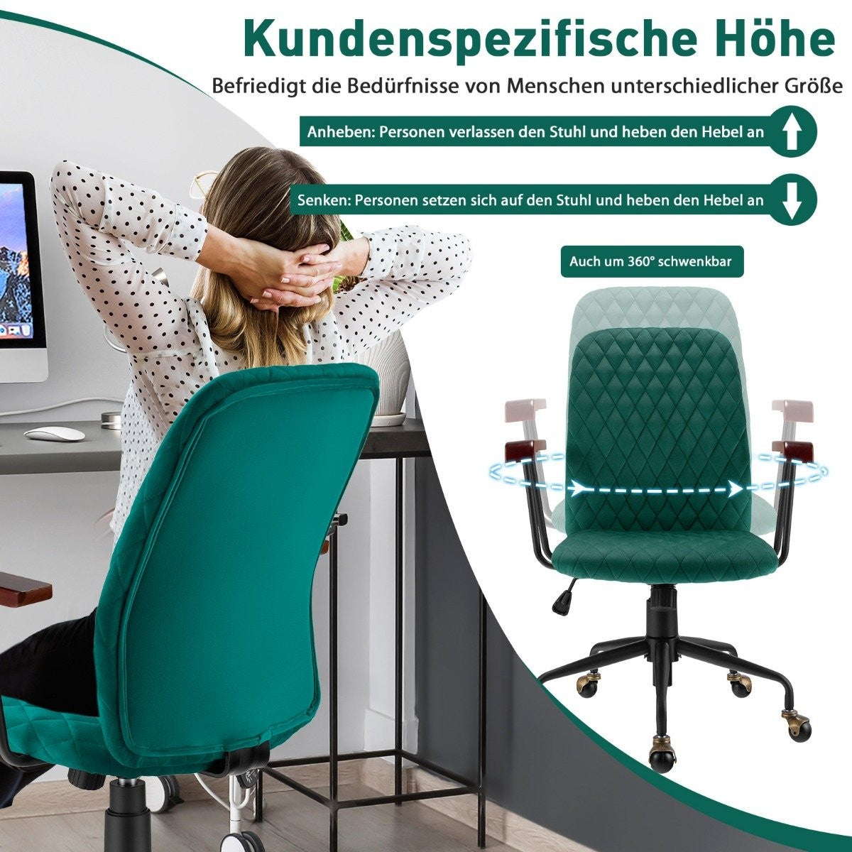 Home Office Chair Computer Chair Made of Velvet Adjustable Swivel Chair for Home Office Velvet Armchair Green