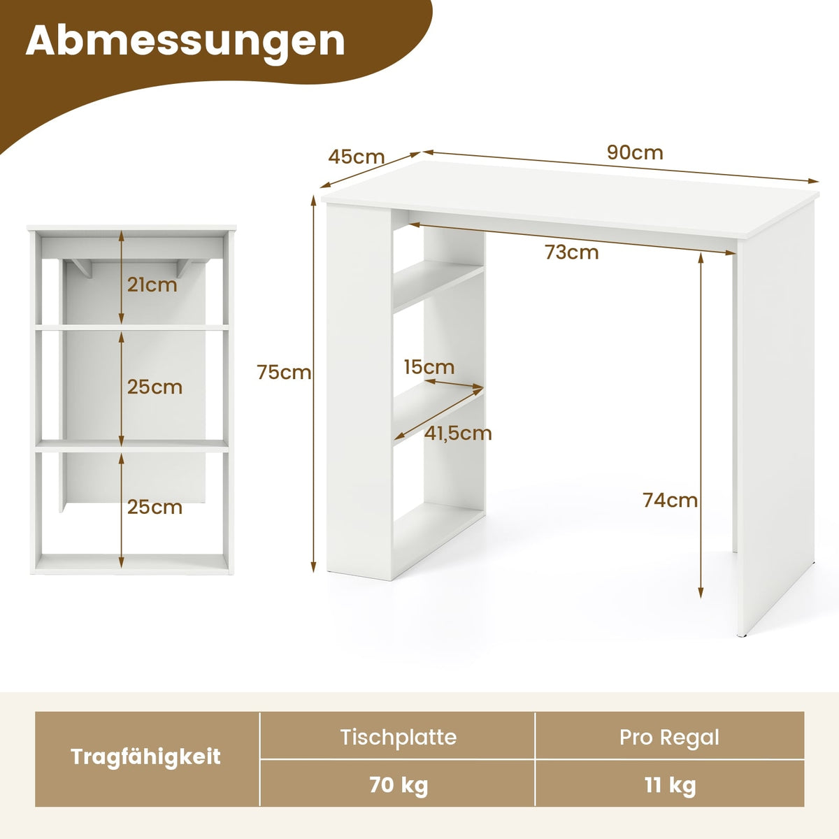 Home Office Desk with Bookshelf, 90 cm, White