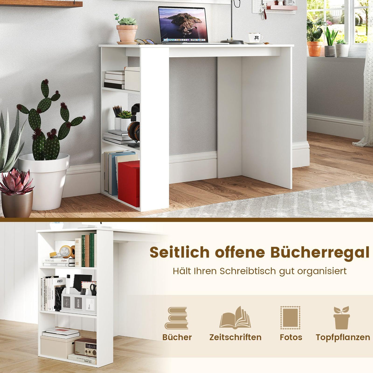 Home Office Desk with Bookshelf, 90 cm, White