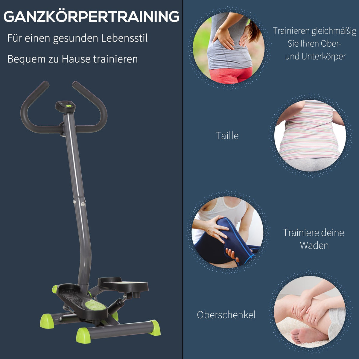 Home Trainer Stepper Fitness Swing Stepper With Lcd Screen And Handle Up To 100 Kg Steel Abs Gray + Green 55 X 44 X 108 Cm