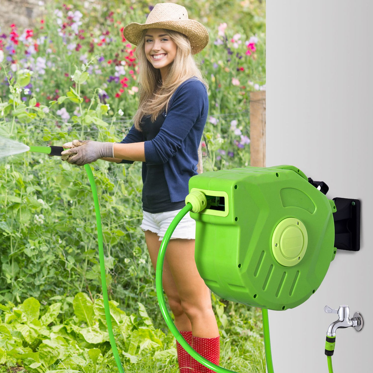 Hose Reel 15M Automatic Hose Reel, Swivel, Ideal For Compressed Air & Gardening, Green