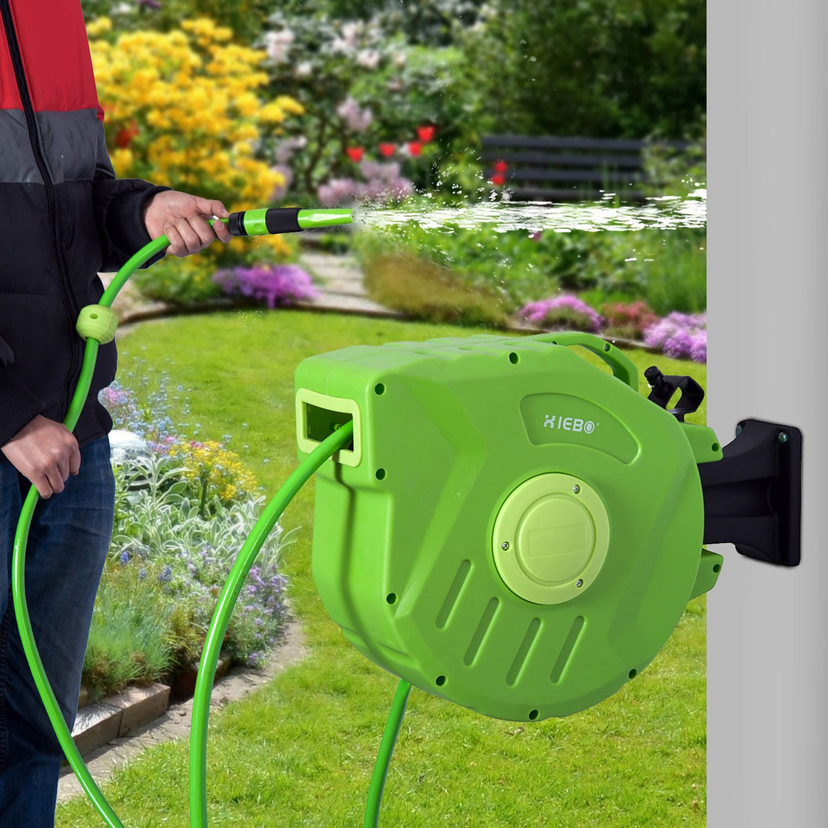 Hose Reel 20+2M Hose Reel Automatic Swiveling Compressed Air Garden 180° Adjustable Compressed Air Hose Green