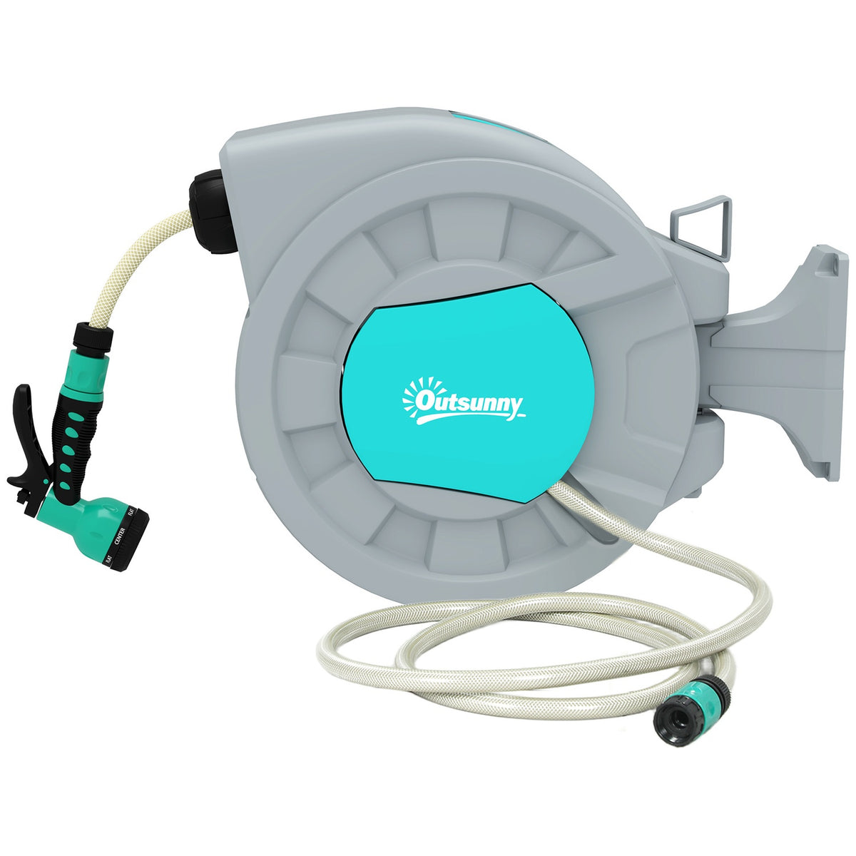Hose reel with garden hose 20m, 180° swivel hose box, hose reel for wall mounting, water hose reel with automatic rewind, 7-function hand shower, gray