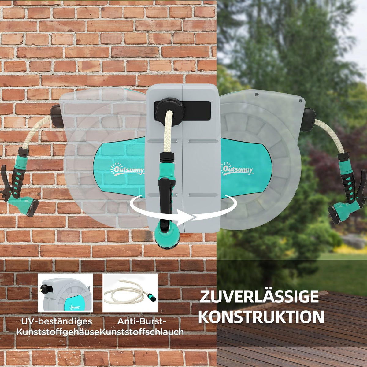Hose reel with garden hose 20m, 180° swivel hose box, hose reel for wall mounting, water hose reel with automatic rewind, 7-function hand shower, gray