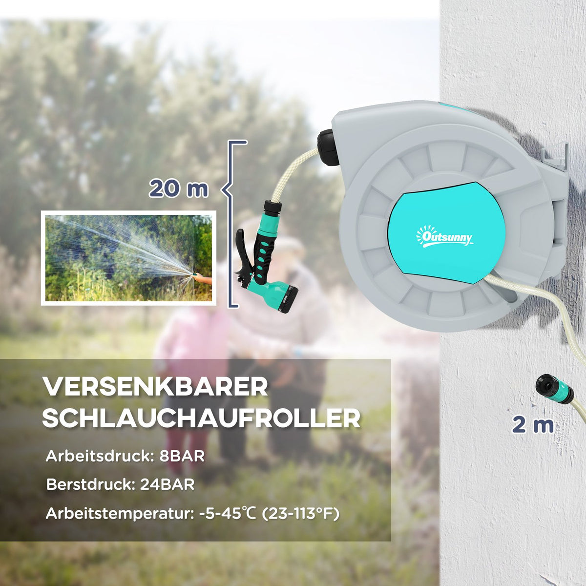Hose reel with garden hose 20m, 180° swivel hose box, hose reel for wall mounting, water hose reel with automatic rewind, 7-function hand shower, gray