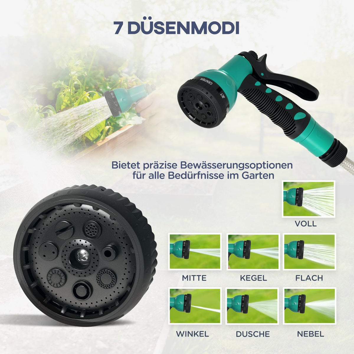 Hose reel with garden hose 25m, 180° swivel hose box, hose reel for wall mounting, water hose reel with automatic rewind, 7-function hand shower, green + gray