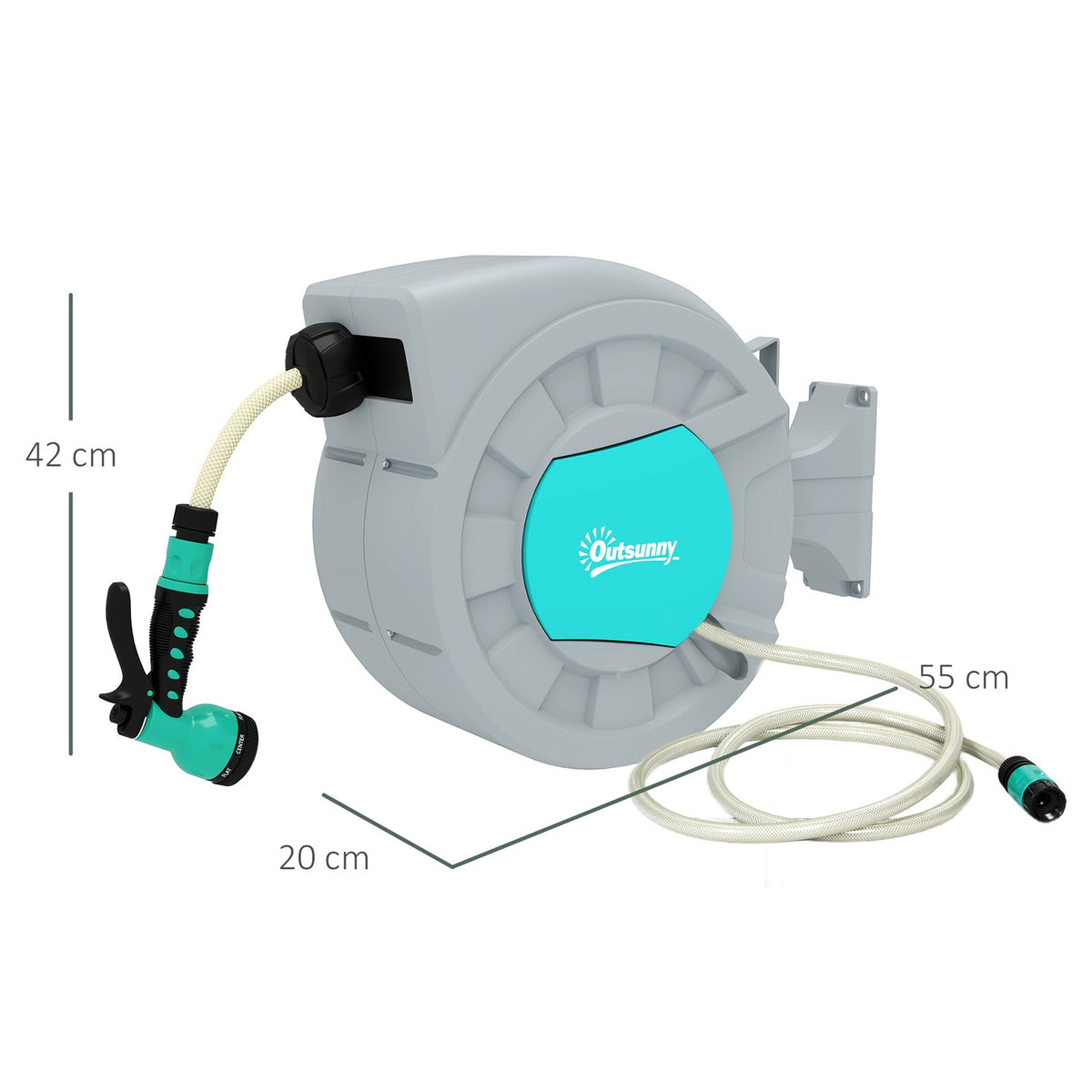 Hose reel with garden hose 25m, 180° swivel hose box, hose reel for wall mounting, water hose reel with automatic rewind, 7-function hand shower, green + gray