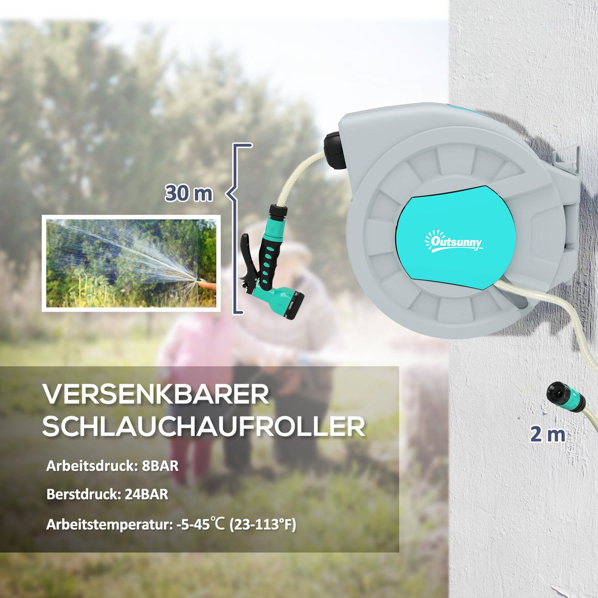 Hose reel with garden hose 30m, 180° swivel hose box, hose reel for wall mounting, water hose reel with automatic rewind, 7-function hand shower, green + gray