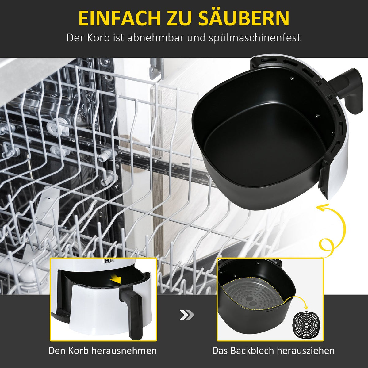 Hot Air Fryer 2.5L, 1300W, 7 Menus, Non-Stick Coated Basket, Steel, White + Black, 33.9X24.9X29.9Cm