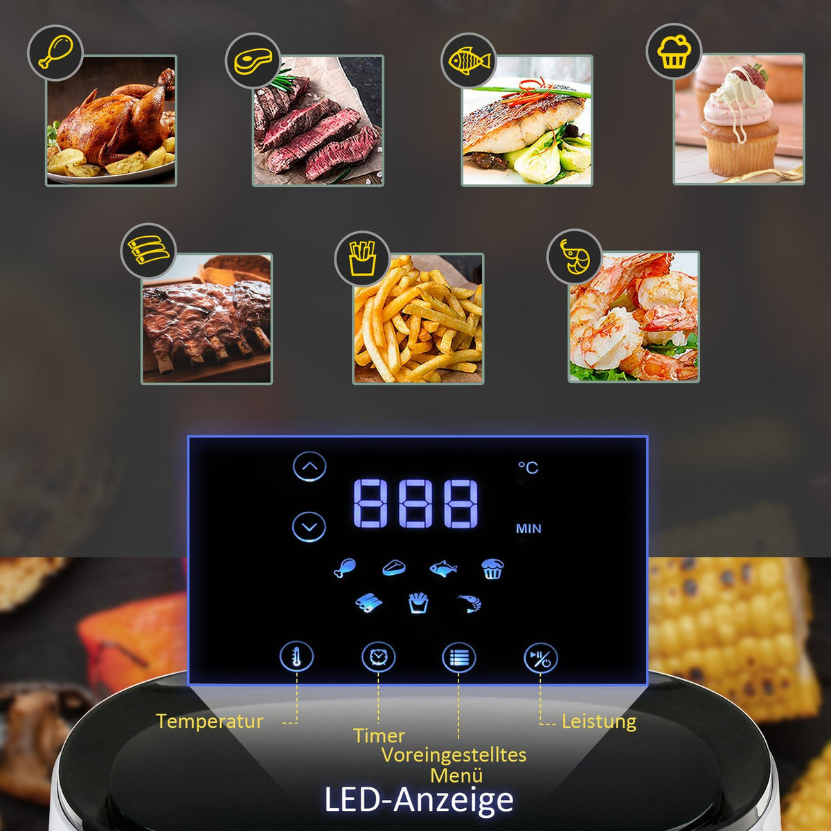 Hot Air Fryer 2.5L, 1300W, 7 Menus, Non-Stick Coated Basket, Steel, White + Black, 33.9X24.9X29.9Cm