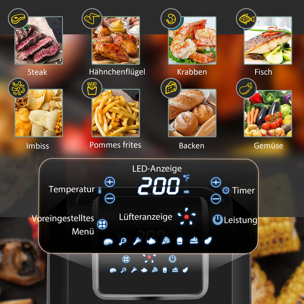 Hot Air Fryer 6.5L 1700W With 8 Menus Led Display Non-Stick Coating Basket For Healthy Oil-Free Cooking Black 36.5 X 29 X 33.8 Cm