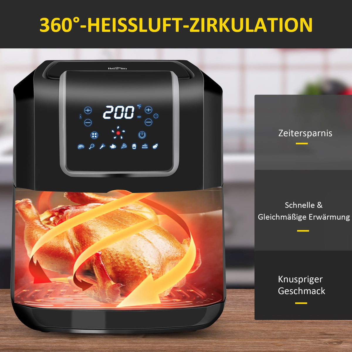 Hot Air Fryer 6.5L 1700W With 8 Menus Led Display Non-Stick Coating Basket For Healthy Oil-Free Cooking Black 36.5 X 29 X 33.8 Cm