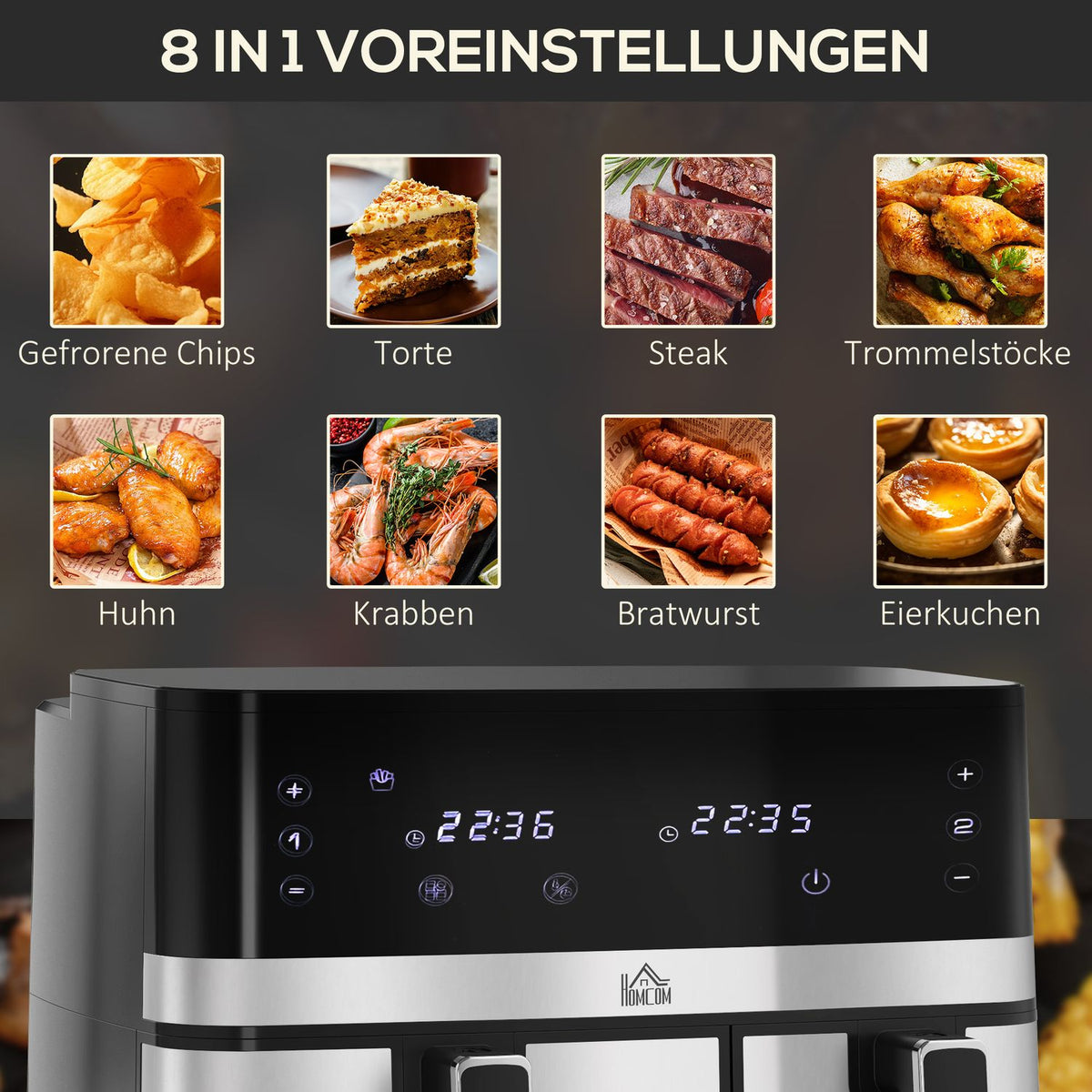 Hot Air Fryer 8.5L Double Chamber 8In1 Recipe Airfryer Non-Stick Coating Touchscreen Smart Timer Without Oil Black