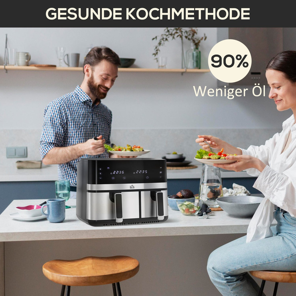 Hot Air Fryer 8.5L Double Chamber 8In1 Recipe Airfryer Non-Stick Coating Touchscreen Smart Timer Without Oil Black