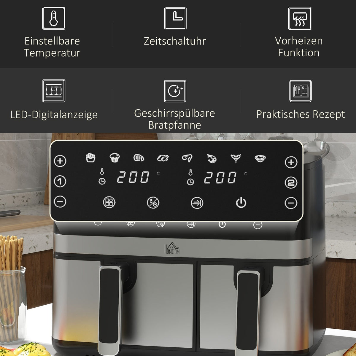 Hot Air Fryer 8.5L Double Chamber 8In1 Recipe Airfryer Non-Stick Coating Touchscreen Smart Timer Without Oil Black