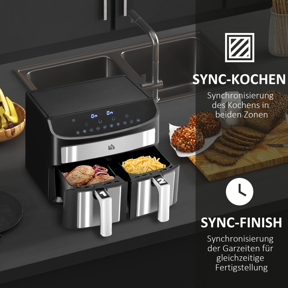 Hot Air Fryer 8L Deep Fryer With Double Chamber, Air Fryer With 10 Programs, 2400 W Air Fryer With Touchscreen, Recipe, Without Oil, Black