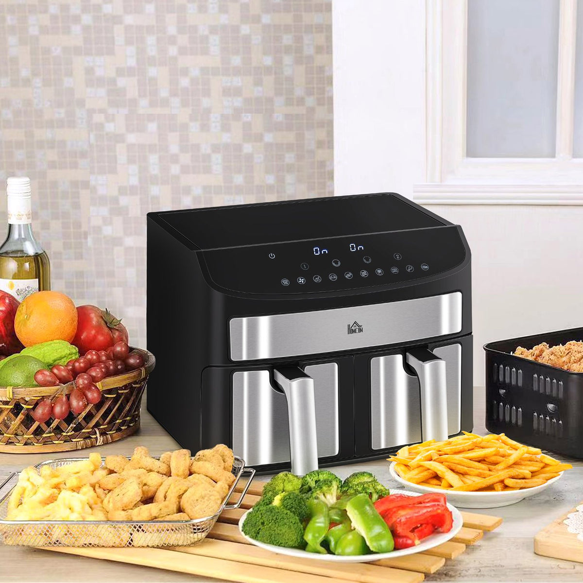 Hot Air Fryer 8L Deep Fryer With Double Chamber, Air Fryer With 10 Programs, 2400 W Air Fryer With Touchscreen, Recipe, Without Oil, Black