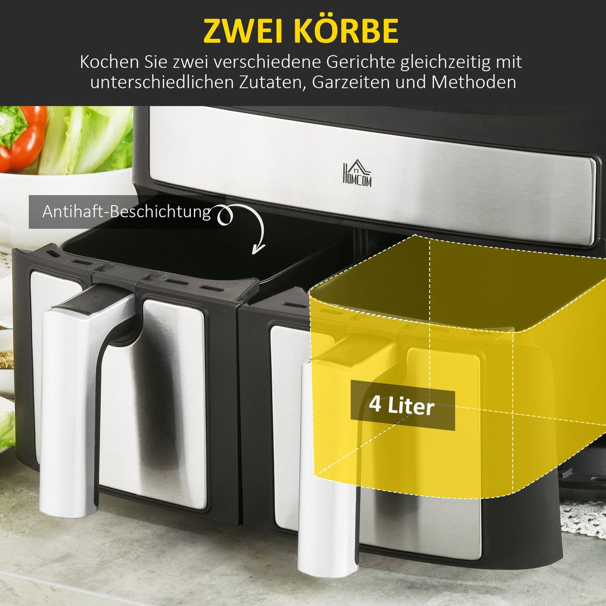 Hot Air Fryer 8L Deep Fryer With Double Chamber, Air Fryer With 10 Programs, 2400 W Air Fryer With Touchscreen, Recipe, Without Oil, Black