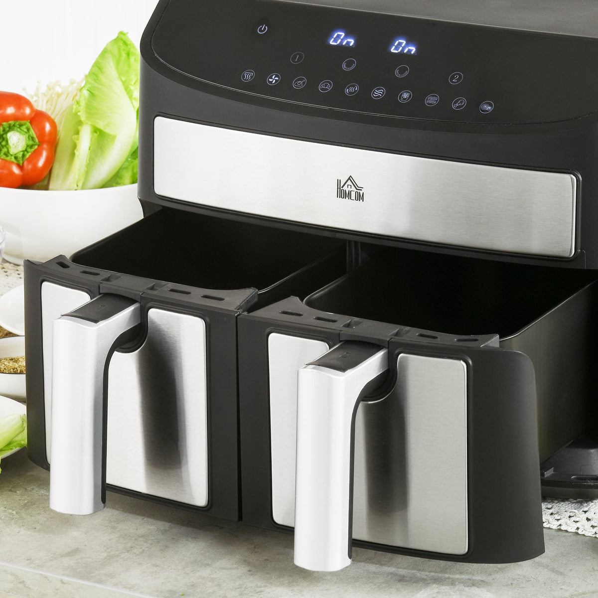 Hot Air Fryer 8L Deep Fryer With Double Chamber, Air Fryer With 10 Programs, 2400 W Air Fryer With Touchscreen, Recipe, Without Oil, Black