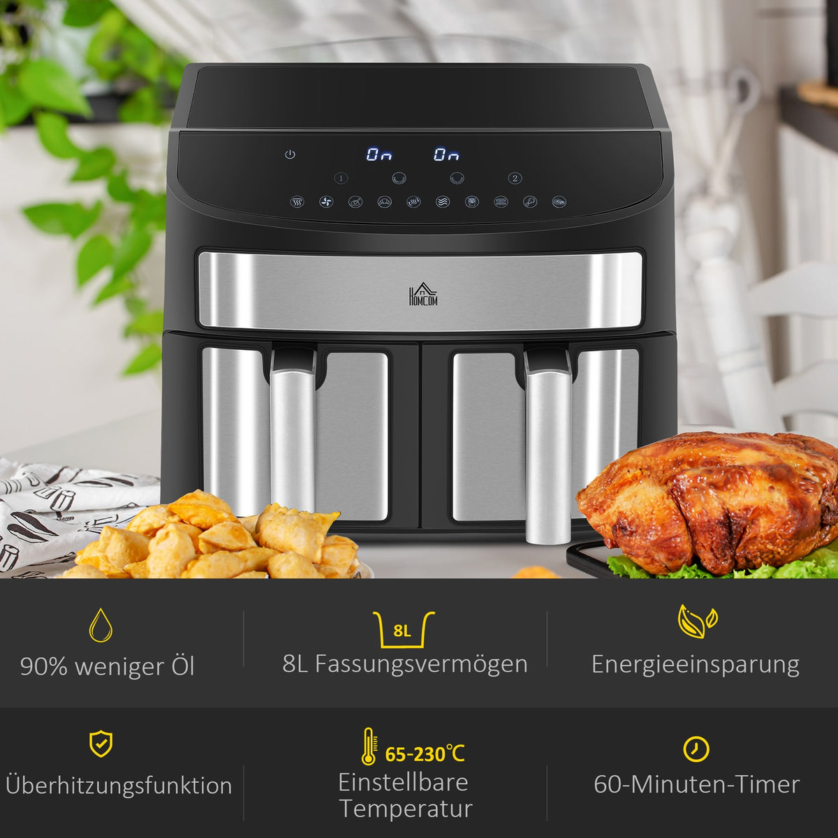 Hot Air Fryer 8L Deep Fryer With Double Chamber, Air Fryer With 10 Programs, 2400 W Air Fryer With Touchscreen, Recipe, Without Oil, Black