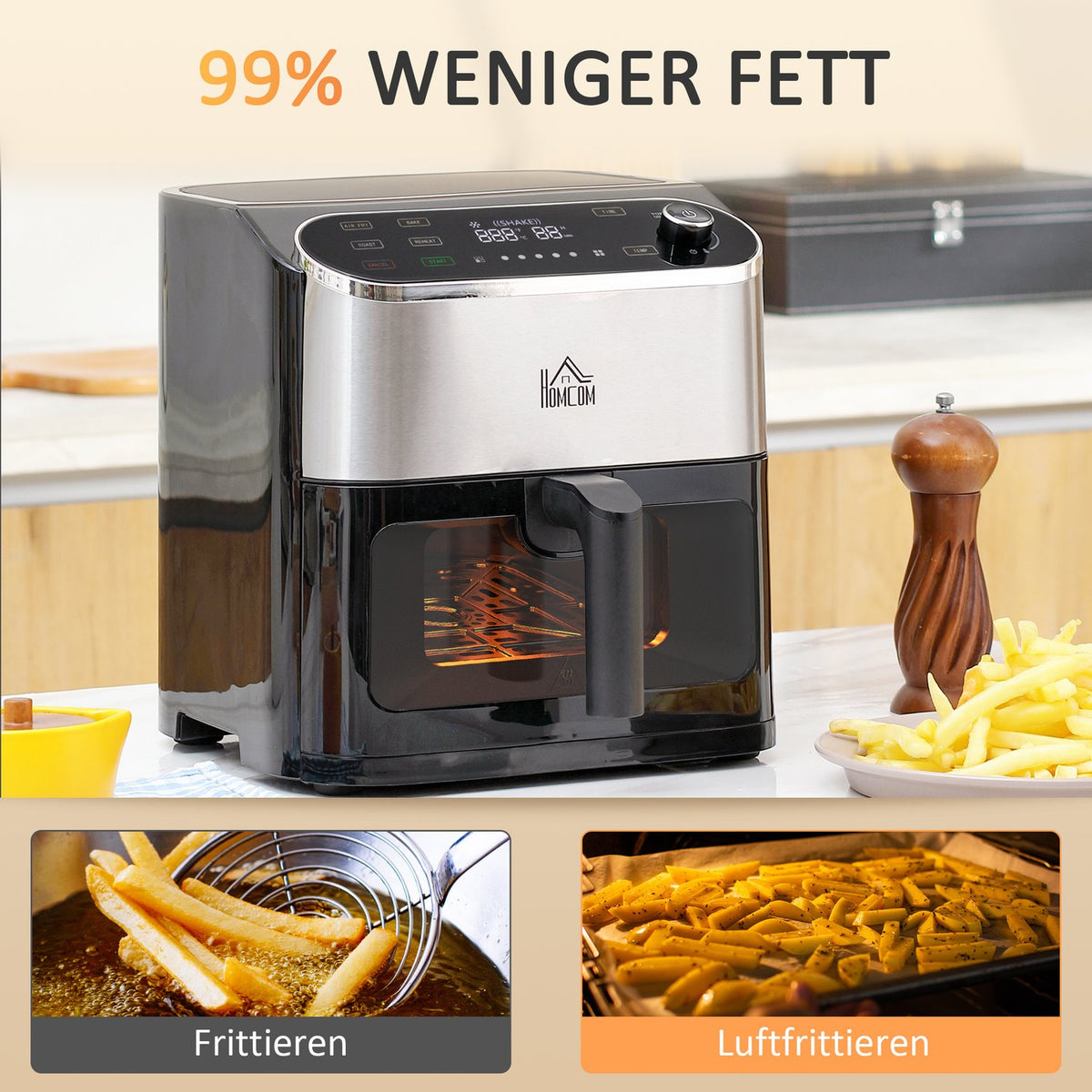 Hot Air Fryer Airfryer With Touchscreen 6.5 L 1350 W 4 In 1 Design Deep Fryer With Timer, Viewing Window, Non-Stick Basket And Overheating Protection