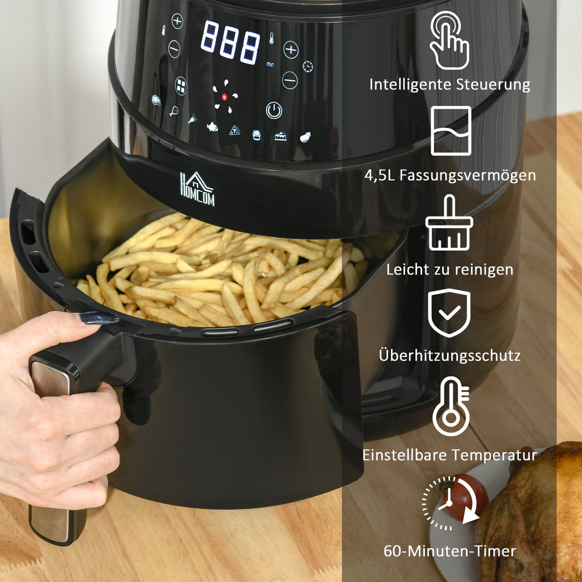 Hot Air Fryer Without Oil 4.5 L 1500W Air Fryer With 8 Preset Modes Led Display Non-Stick Coated Basket For Healthy Low-Fat Cooking