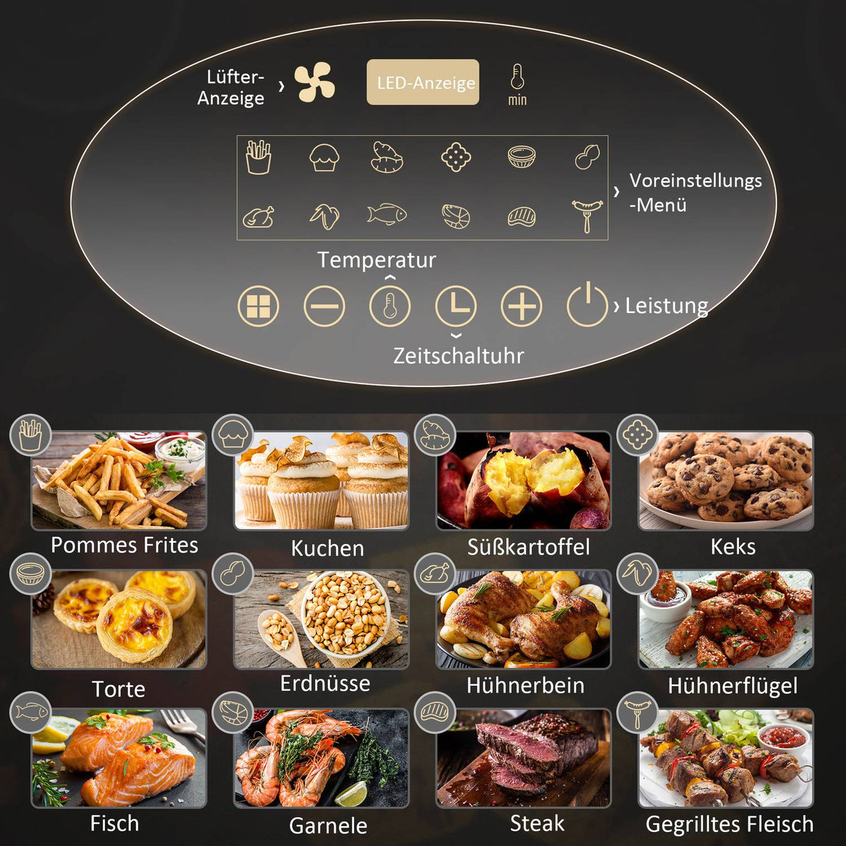 Hot air fryer 4L Airfryer with 12 programs, 60 min timer, non-stick coated basket, 1300W deep fryer without oil, with overheating protection, LED touch display, black