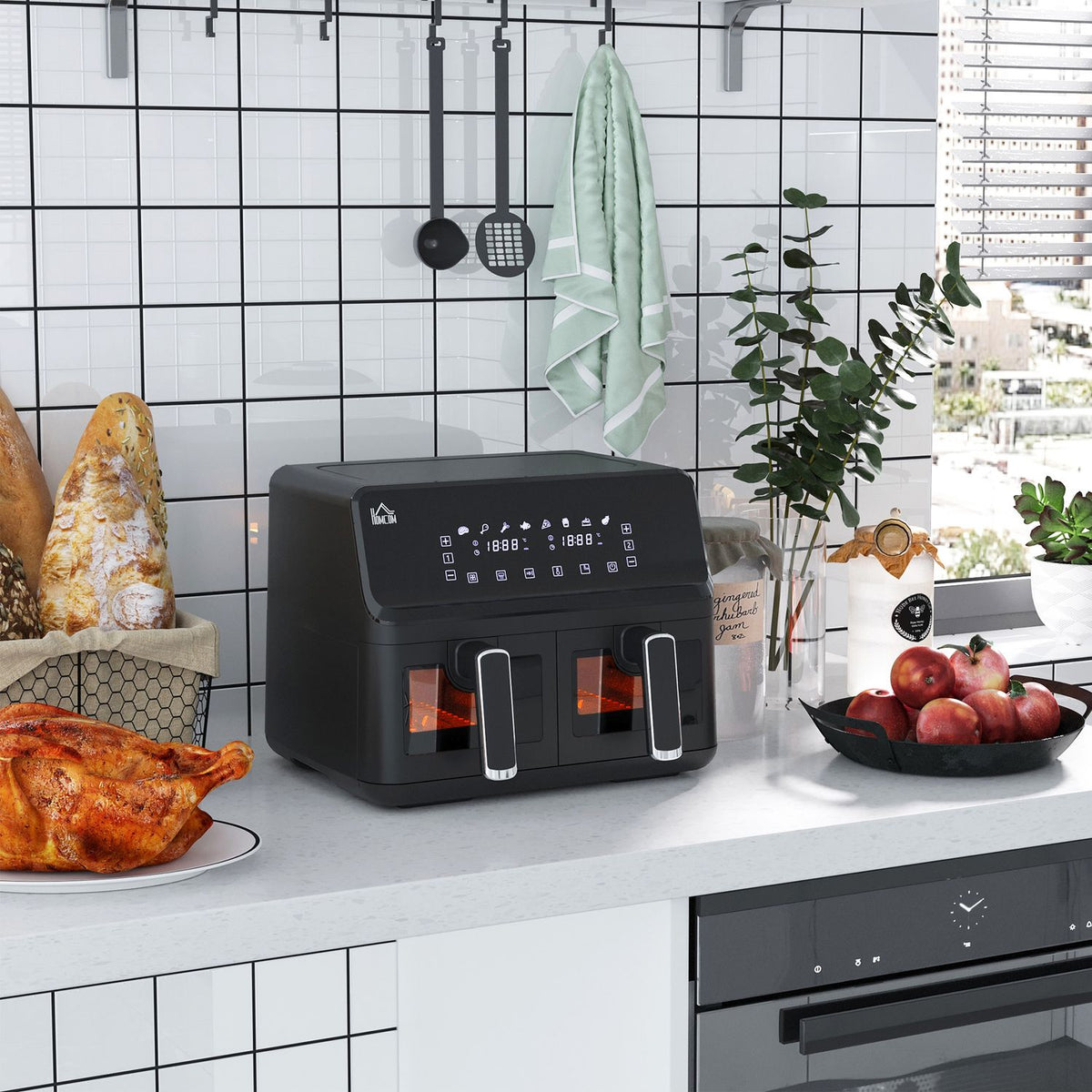 Hot air fryer without oil double chamber 8 L - 2500 W - 8 programs, LED display, adjustable temperature, timer - black