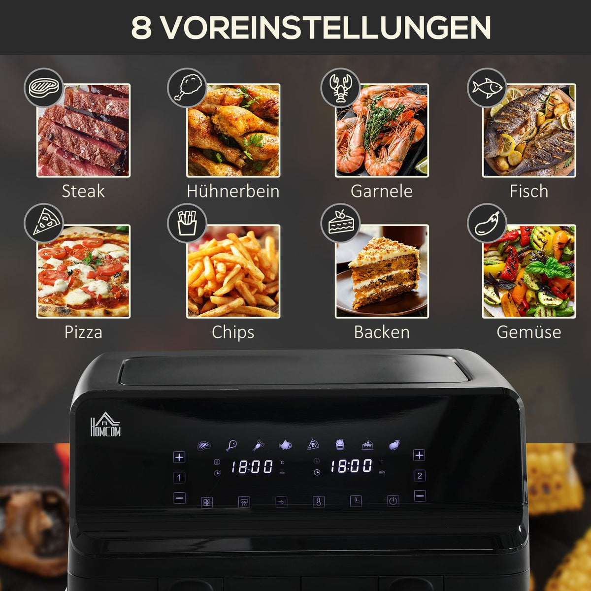 Hot air fryer without oil double chamber 8 L - 2500 W - 8 programs, LED display, adjustable temperature, timer - black