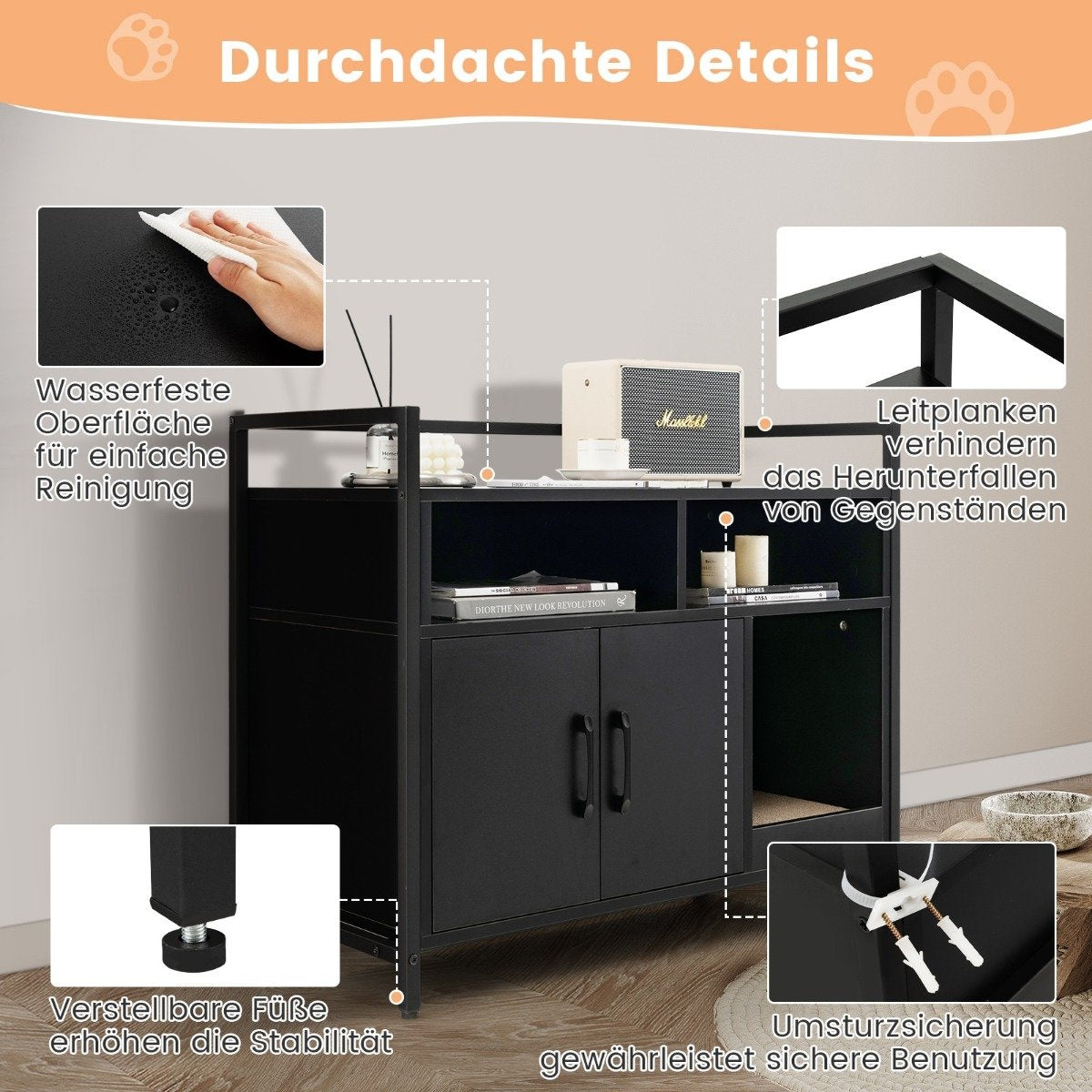 Housing for cat toilet cat cabinet with double doors & scratching pad 89 x 45 x 74.5 cm black