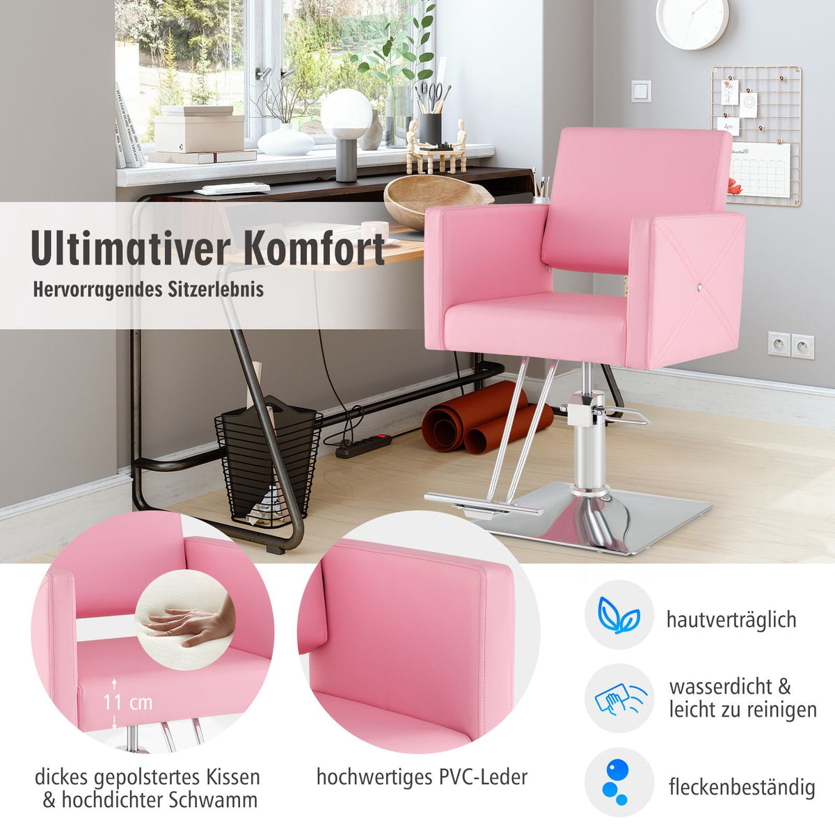Hydraulic Salon Chair, Adjustable, Pink, 360 Swivel