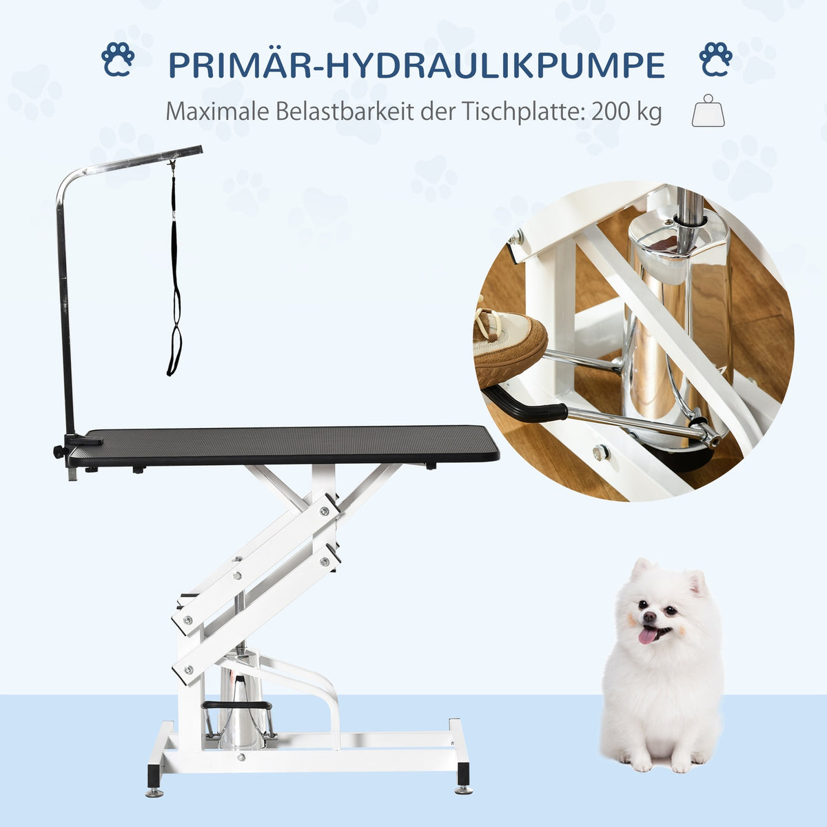 Hydraulic trimming table, shearing table including gallows, dog grooming