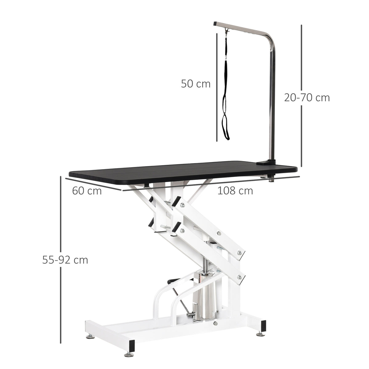 Hydraulic trimming table, shearing table including gallows, dog grooming