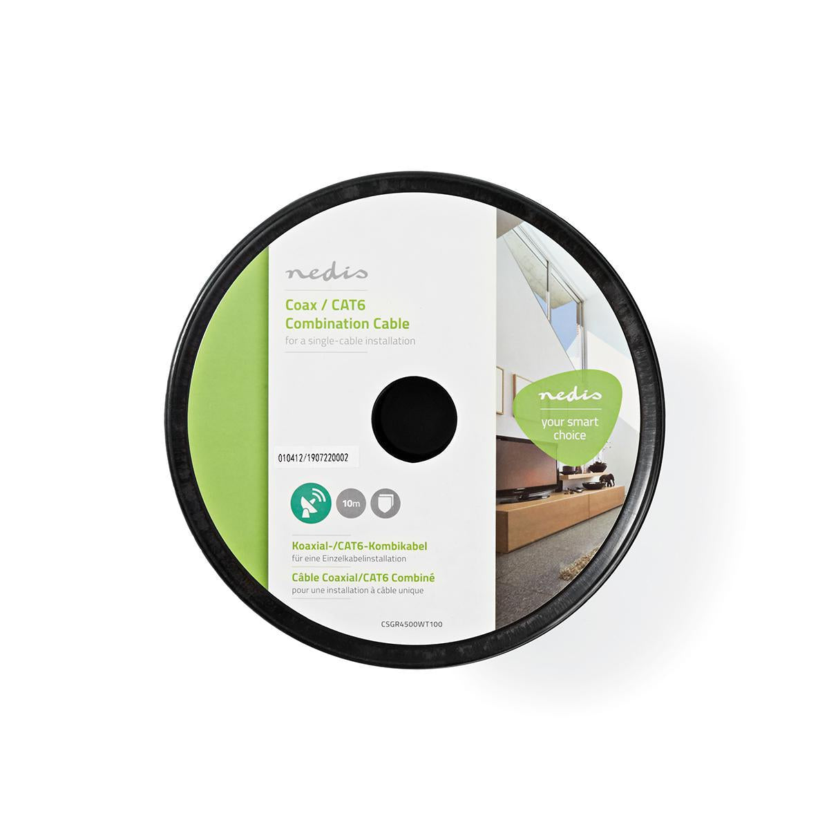 IEC (Coax) CAT6 combi cable on roll | RG59 | 75 Ohm | Double Shielded | ECA | 10.0 m | Round | White | Roll