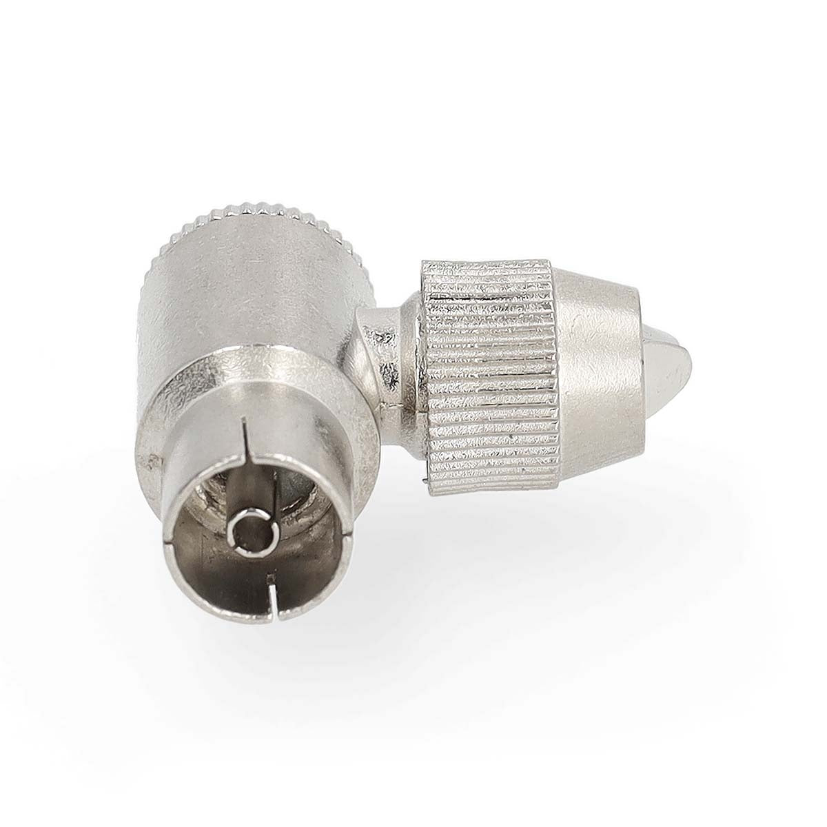 IEC (Coax) Connector | Angled 90° | Female | Nickel Plated | 75 Ohm | Screw | Cable input diameter: 7.0 mm | Metal | Silver | 2 pcs | Gift Box with Euro Lock