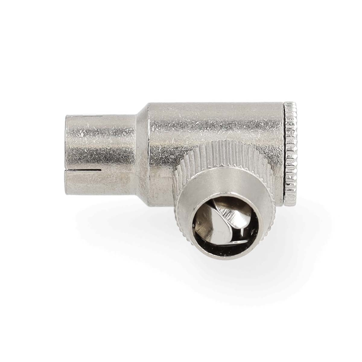 IEC (Coax) Connector | Angled 90° | Female | Nickel Plated | 75 Ohm | Screw | Cable input diameter: 7.0 mm | Metal | Silver | 2 pcs | Gift Box with Euro Lock