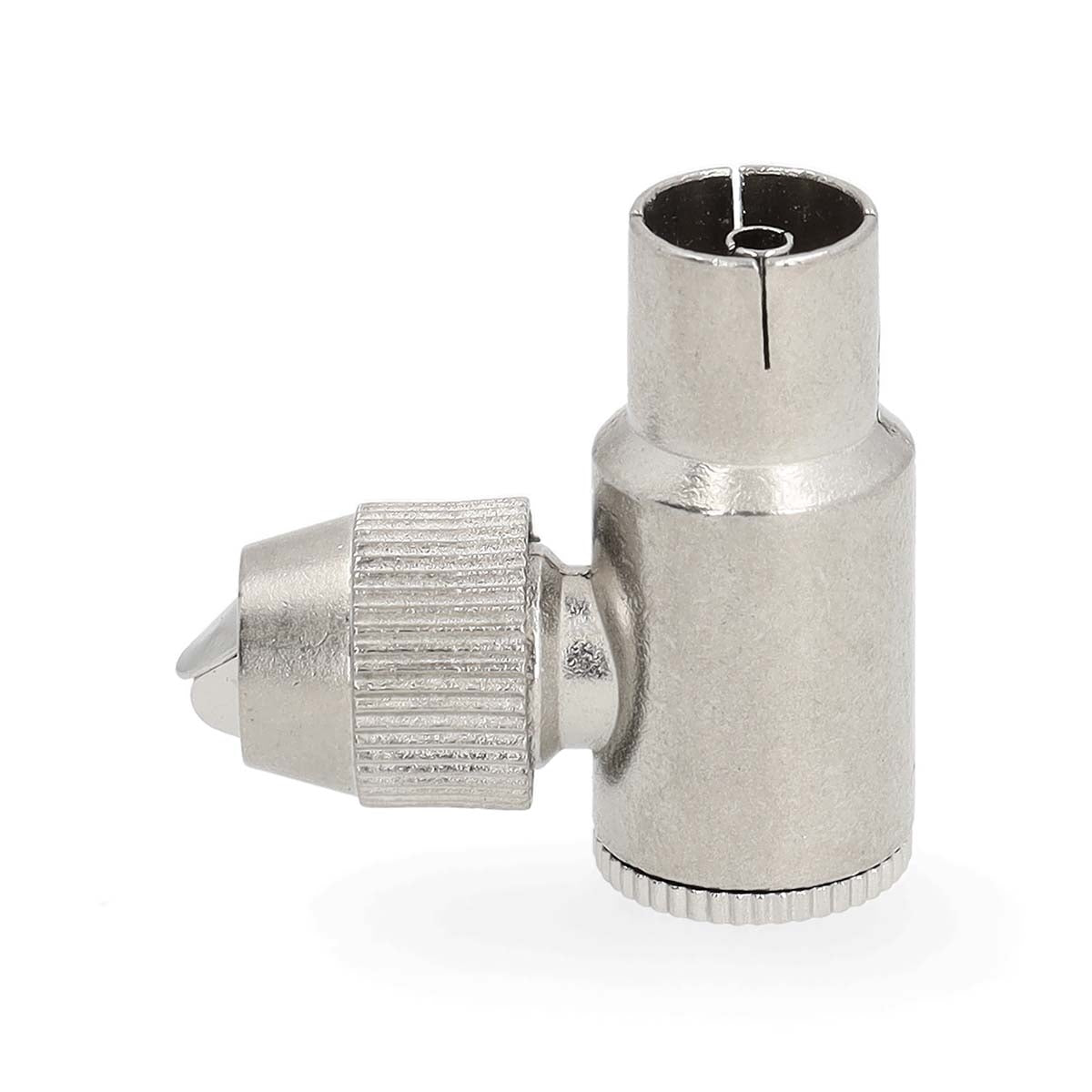 IEC (Coax) Connector | Angled 90° | Female | Nickel Plated | 75 Ohm | Screw | Cable input diameter: 7.0 mm | Metal | Silver | 2 pcs | Gift Box with Euro Lock