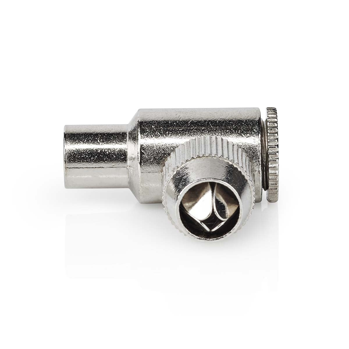 IEC (Coax) Connector | Angled 90° | Male | Nickel Plated | 75 Ohm | Screw | Cable input diameter: 7.0 mm | Metal | Silver | 2 pcs | Box