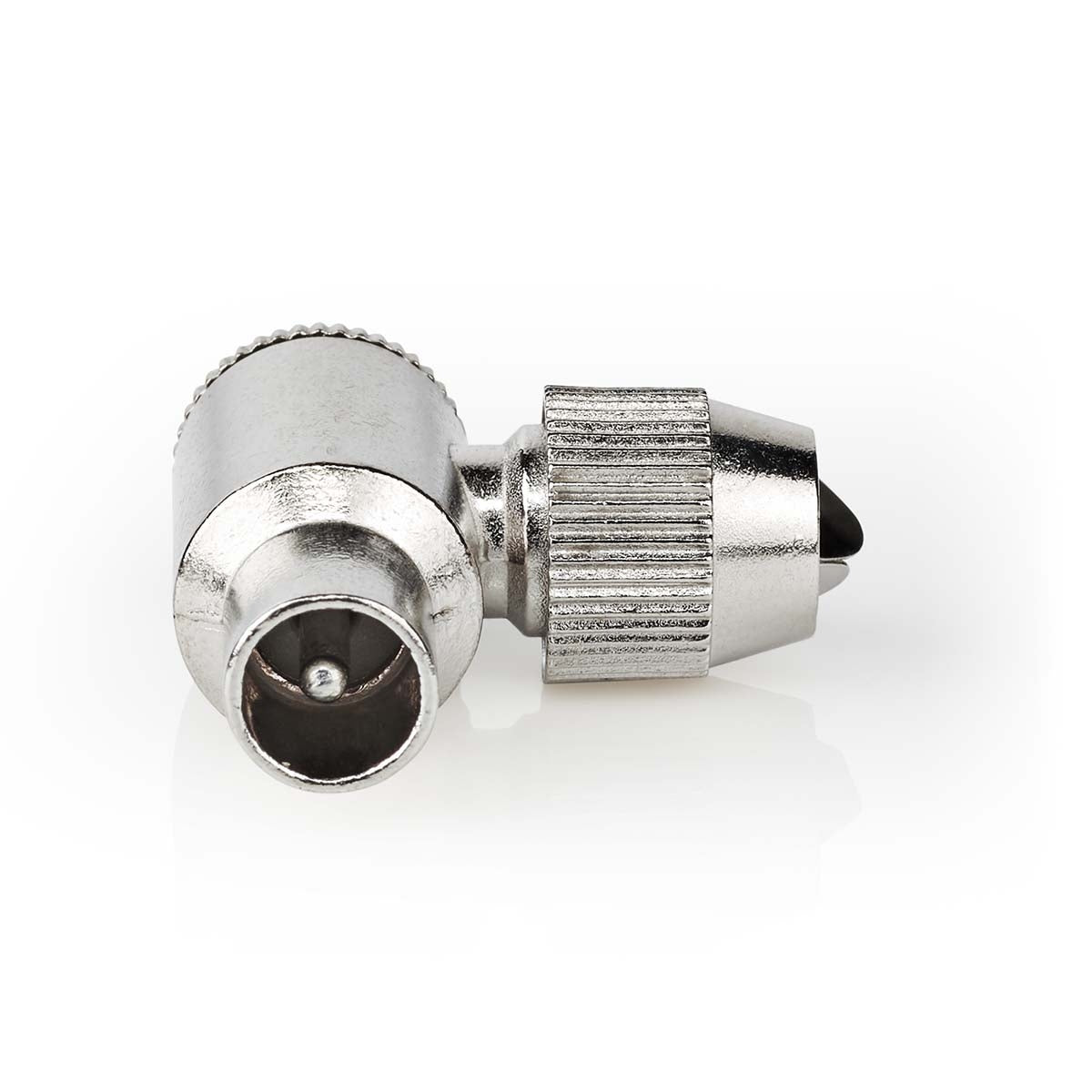 IEC (Coax) Connector | Angled 90° | Male | Nickel Plated | 75 Ohm | Screw | Cable input diameter: 7.0 mm | Metal | Silver | 2 pcs | Box
